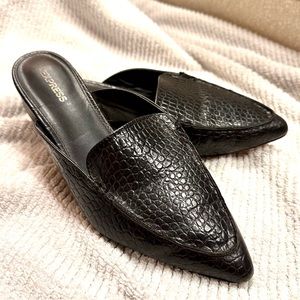 Express Black snakeskin mules